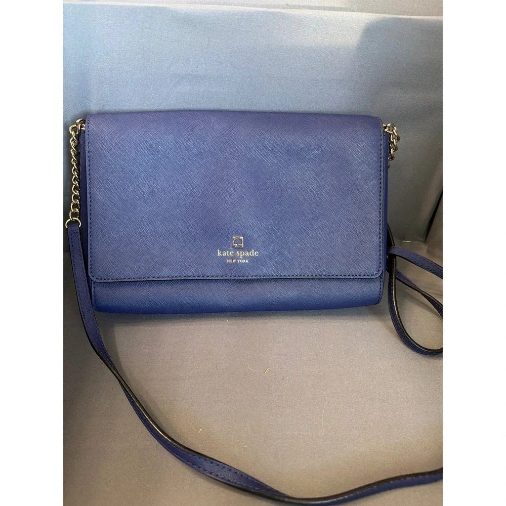 Kate Spade New York Navy Blue Saffiano Leather Crossbody Bag Gold Chain Strap